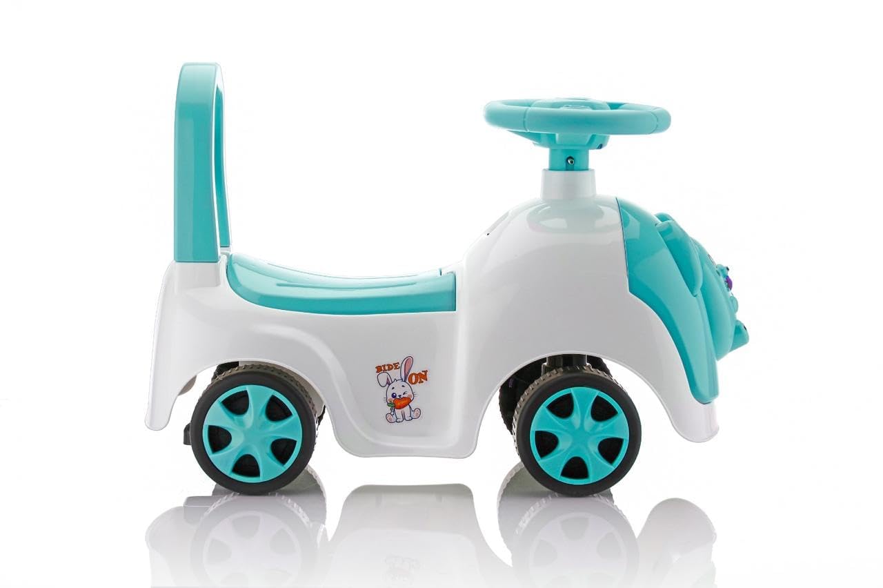 Children's balance bike with turquoise accents on a white background
