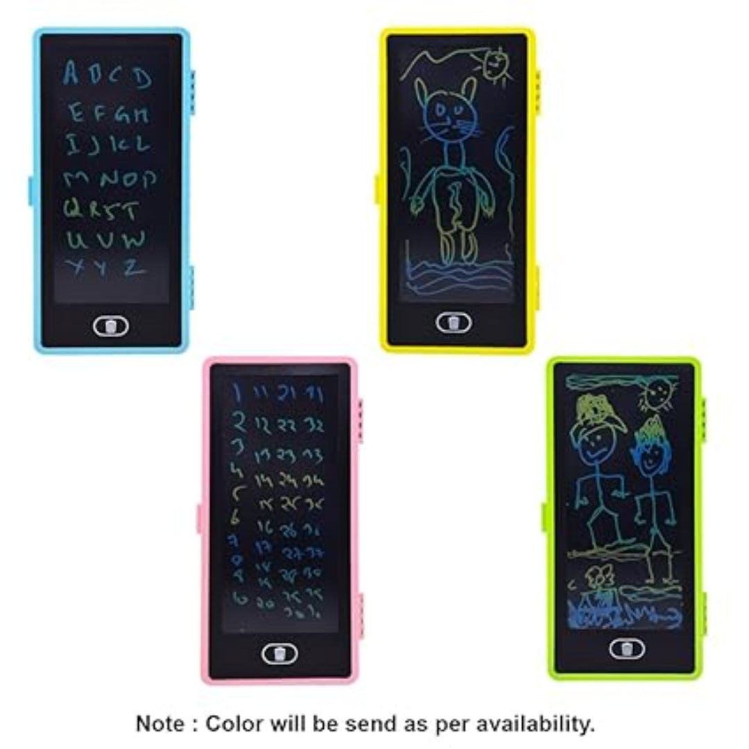 Four colorful electronic doodle boards with different drawings on a white background.