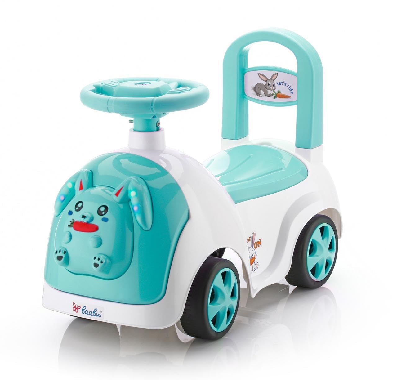 Children's push toy with teal and white design on a white background