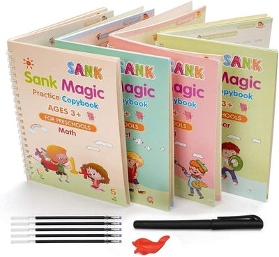 Set of 4 Sank Magic Practice Copybook for Kids - Reusable Writing Practice Workbook(Book with Pen)