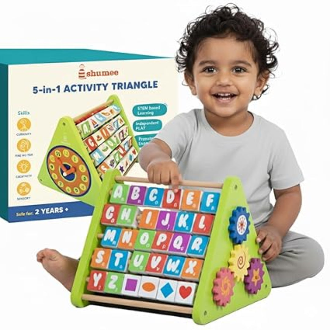 Child playing with a colorful 5-in-1 activity triangle toy by Shumee.