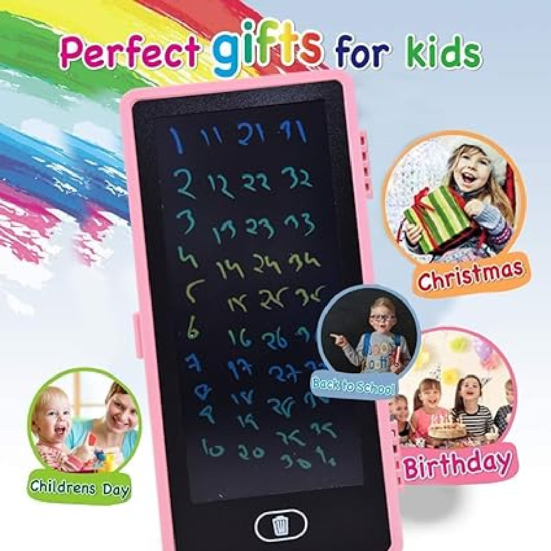 Electronic writing tablet with colorful display and text 'Perfect gifts for kids' on a blue background.