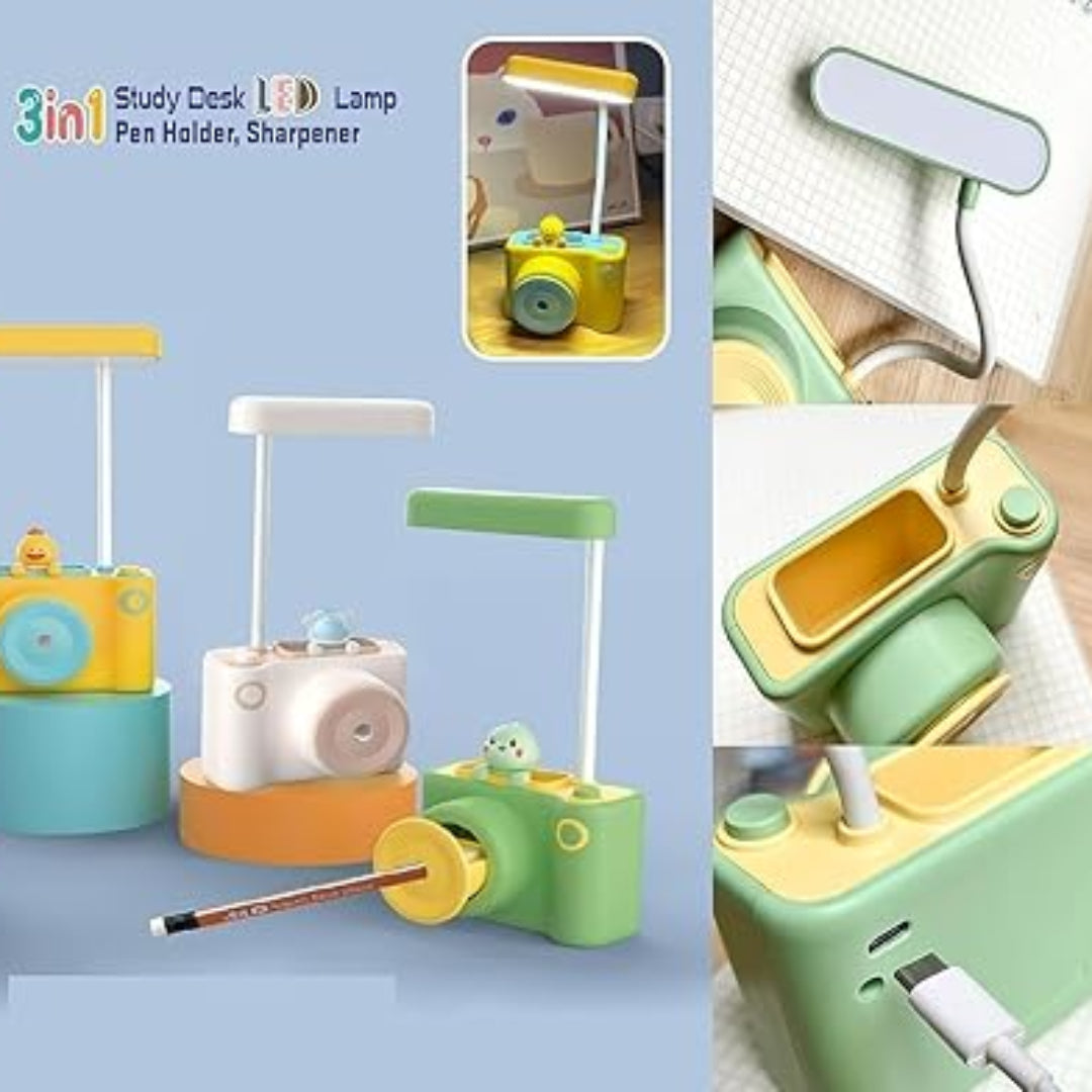 Multifunctional desk lamp with camera design on a blue background