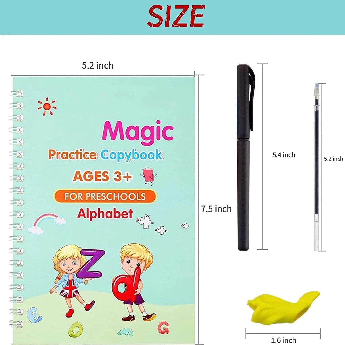 Set of 4 Sank Magic Practice Copybook for Kids - Reusable Writing Practice Workbook(Book with Pen)