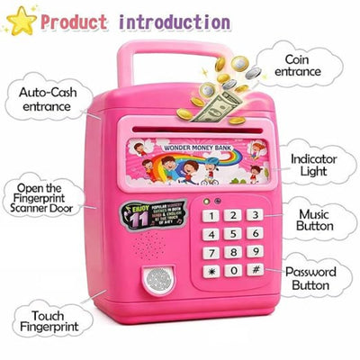 Pink toy money bank with labeled features on a white background