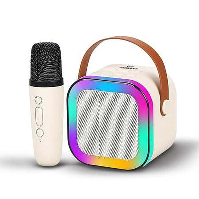 Wireless karaoke microphone with Bluetooth speaker, RGB lights, and leather-style strap portable design