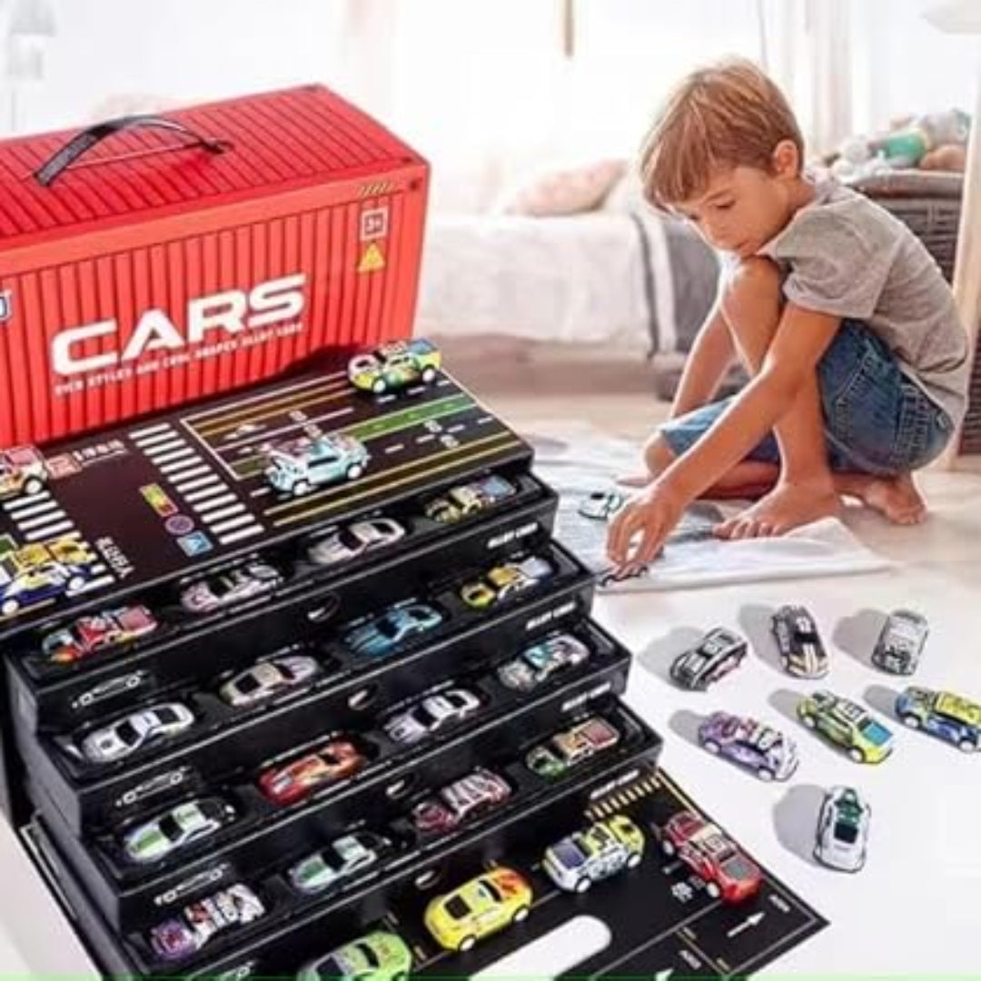 Child playing with toy cars and a large toy car set on a table.