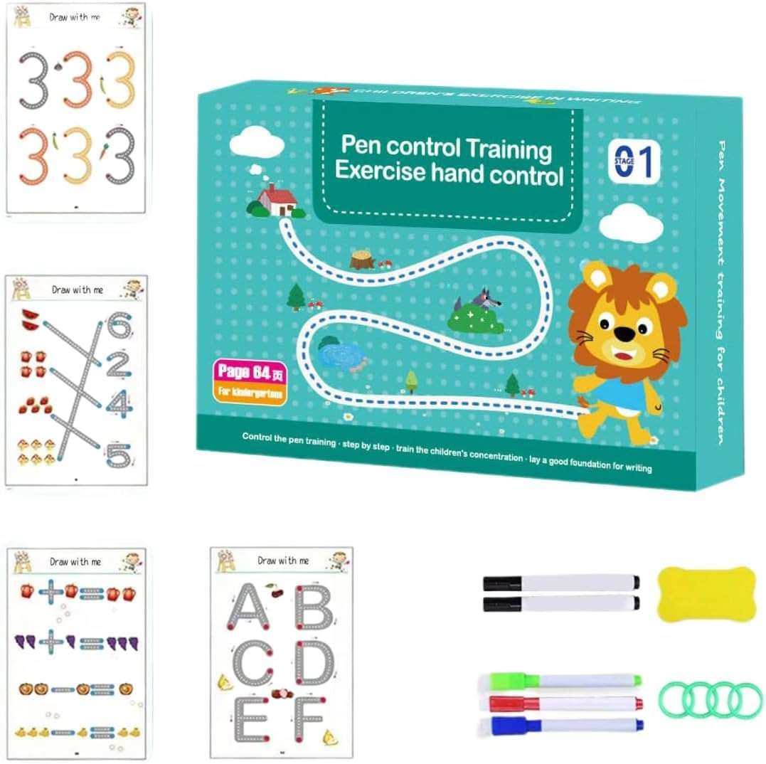 Magical Tracing Workbook Set 64 Pages Alphabet & Number Writing Practice Book for Kids Reusable Handwriting Pen Control Training for Preschool Learning
