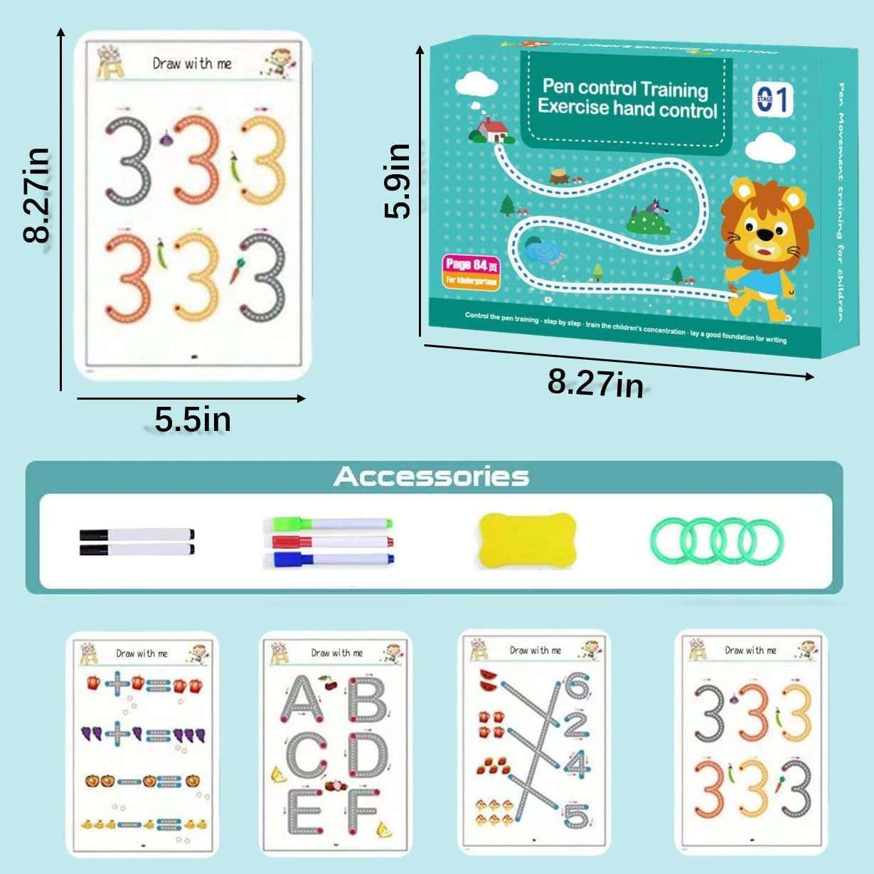 Magical Tracing Workbook with 64 reusable pages for alphabet and number writing practice for preschool kids