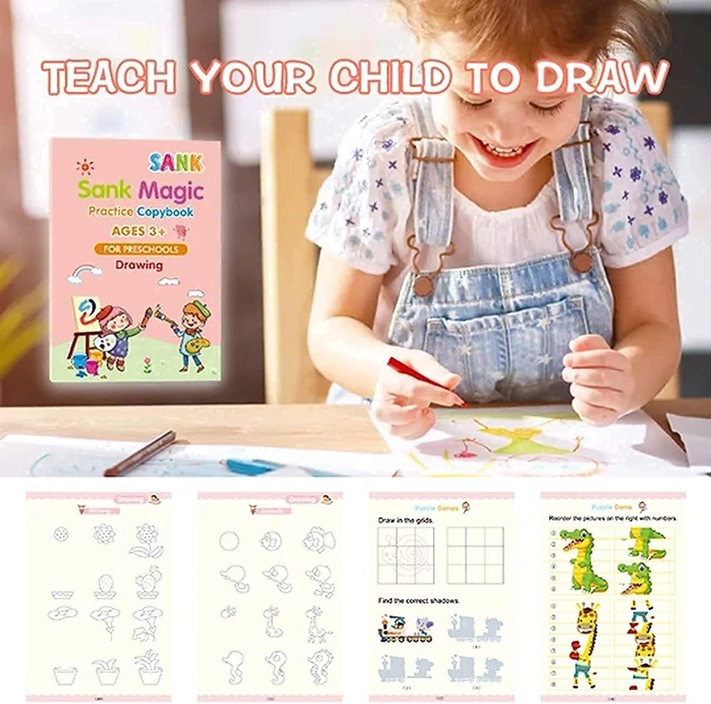Set of 4 Sank Magic Practice Copybook for Kids - Reusable Writing Practice Workbook(Book with Pen)