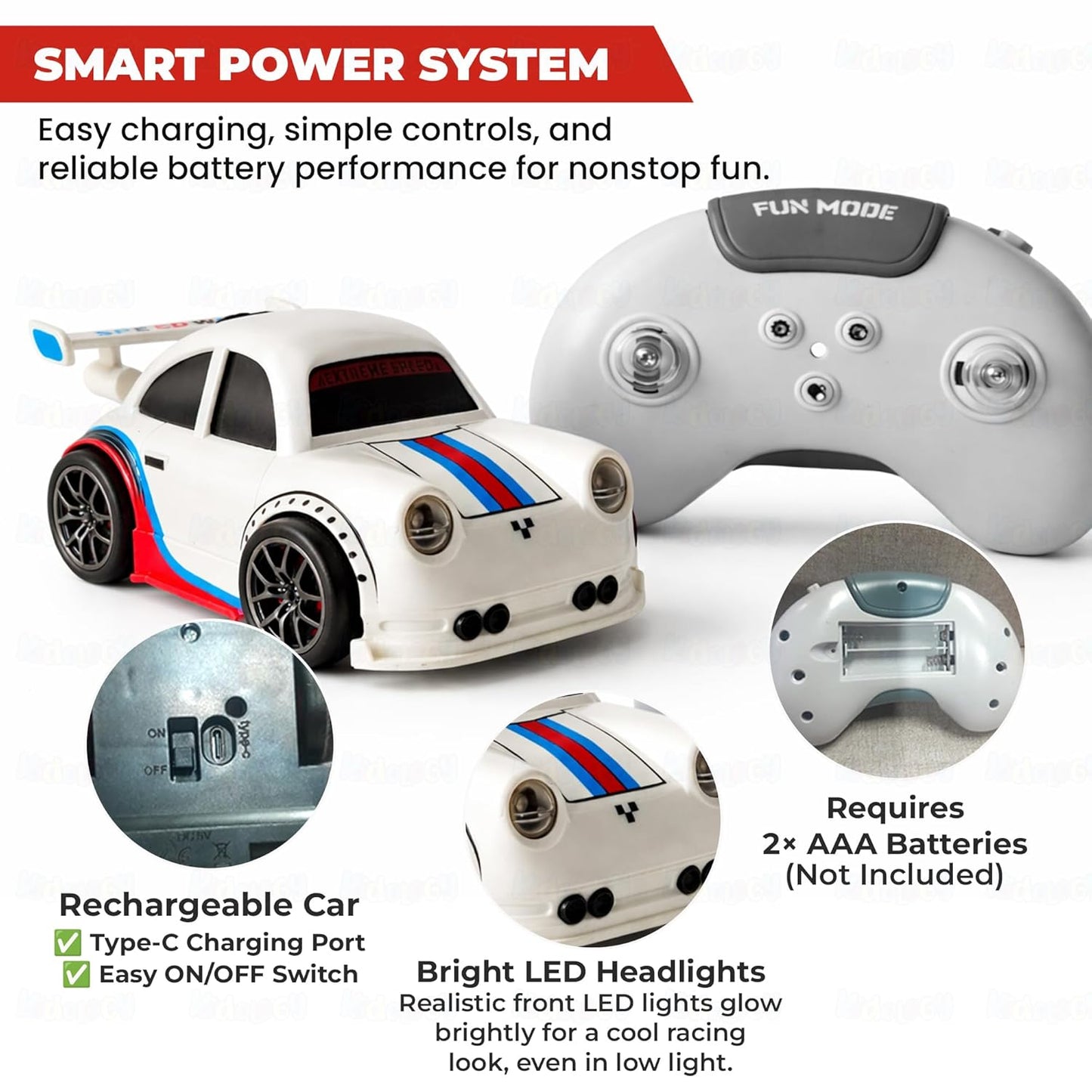 Skool Box Drifting RC Car for Kids | 2.4GHz Remote Control Racing Car with LED Lights Sound Effects | 360° Spins Follow and Escape Modes Sensor Control Auto Demo Toy Vehicle for Boys & Girls
