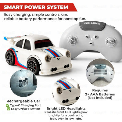 Skool Box Drifting RC Car for Kids | 2.4GHz Remote Control Racing Car with LED Lights Sound Effects | 360° Spins Follow and Escape Modes Sensor Control Auto Demo Toy Vehicle for Boys & Girls