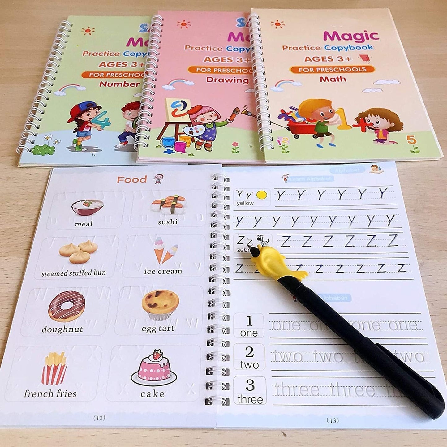 Set of 4 Sank Magic Practice Copybook for Kids - Reusable Writing Practice Workbook(Book with Pen)