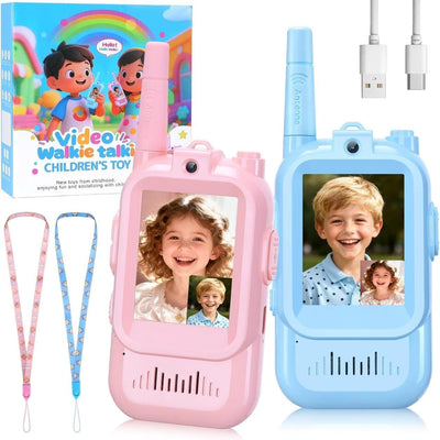 Two video walkie talkies, one pink and one blue, with lanyards and charging cable on a white background.