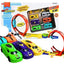 Toy car set with track builder and packaging on a white background