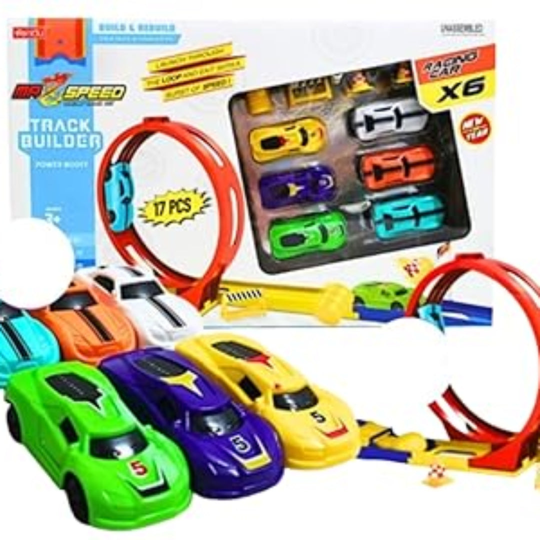 Toy car set with track builder and packaging on a white background