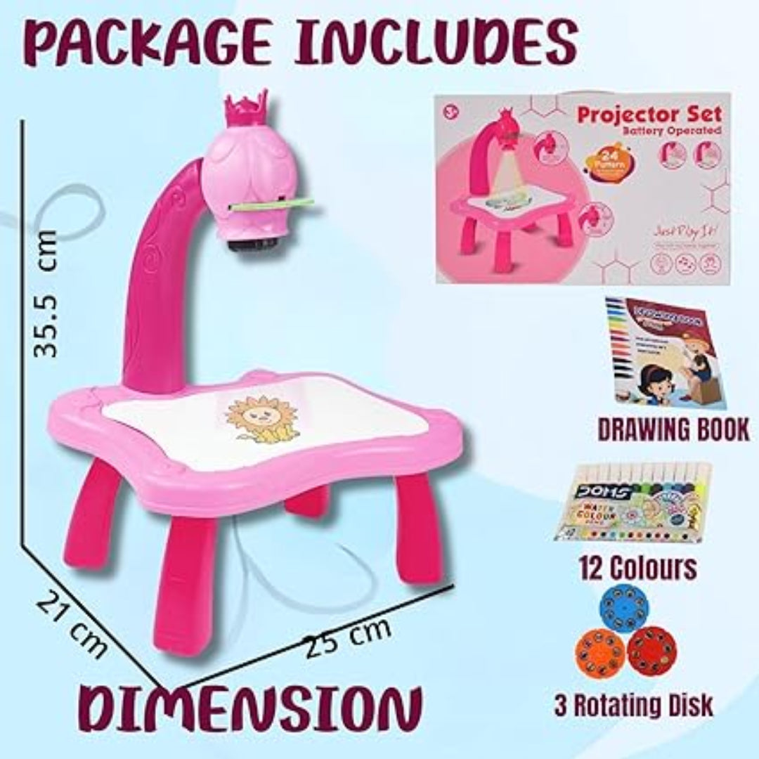 Children's art table set with projector, drawing book, and coloring books with dimensions displayed.