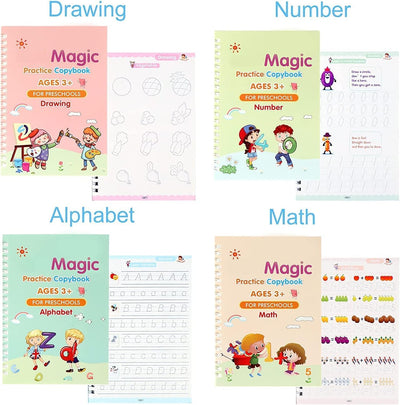 Set of 4 Sank Magic Practice Copybook for Kids - Reusable Writing Practice Workbook(Book with Pen)