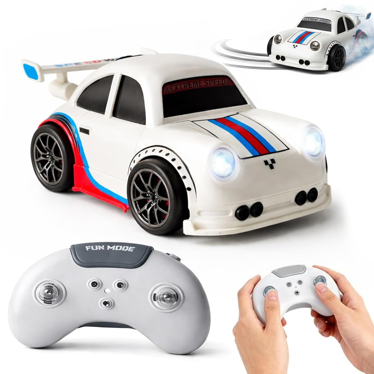 Skool Box Drifting RC Car for Kids | 2.4GHz Remote Control Racing Car with LED Lights Sound Effects | 360° Spins Follow and Escape Modes Sensor Control Auto Demo Toy Vehicle for Boys & Girls