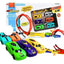 Toy car set with track builder kit on a white background