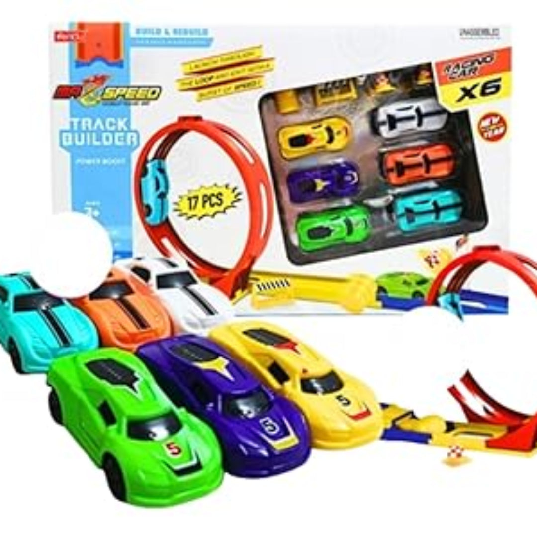 Toy car set with track builder kit on a white background