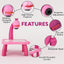Pink toy projector with features highlighted on a light pink background
