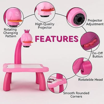 Pink toy projector with features highlighted on a light pink background