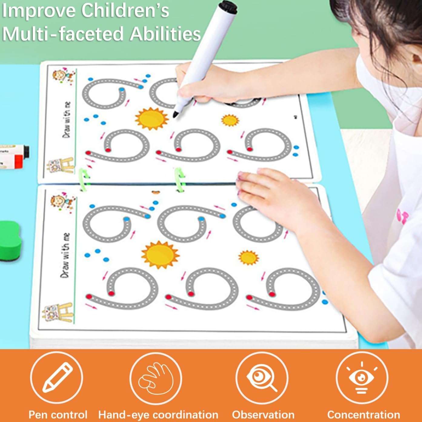 Magical Tracing Workbook Set 64 Pages Alphabet & Number Writing Practice Book for Kids Reusable Handwriting Pen Control Training for Preschool Learning