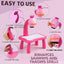 Pink children's drawing table with projector attachment, step-by-step instructions on how to use it, and text highlighting ease of use and skill enhancement.