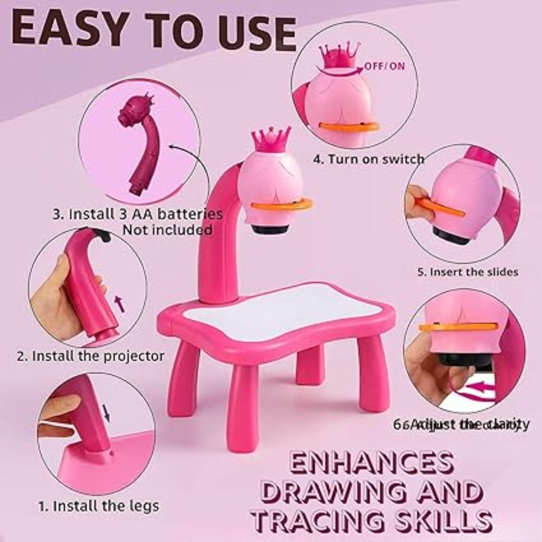 Pink children's drawing table with projector attachment, step-by-step instructions on how to use it, and text highlighting ease of use and skill enhancement.