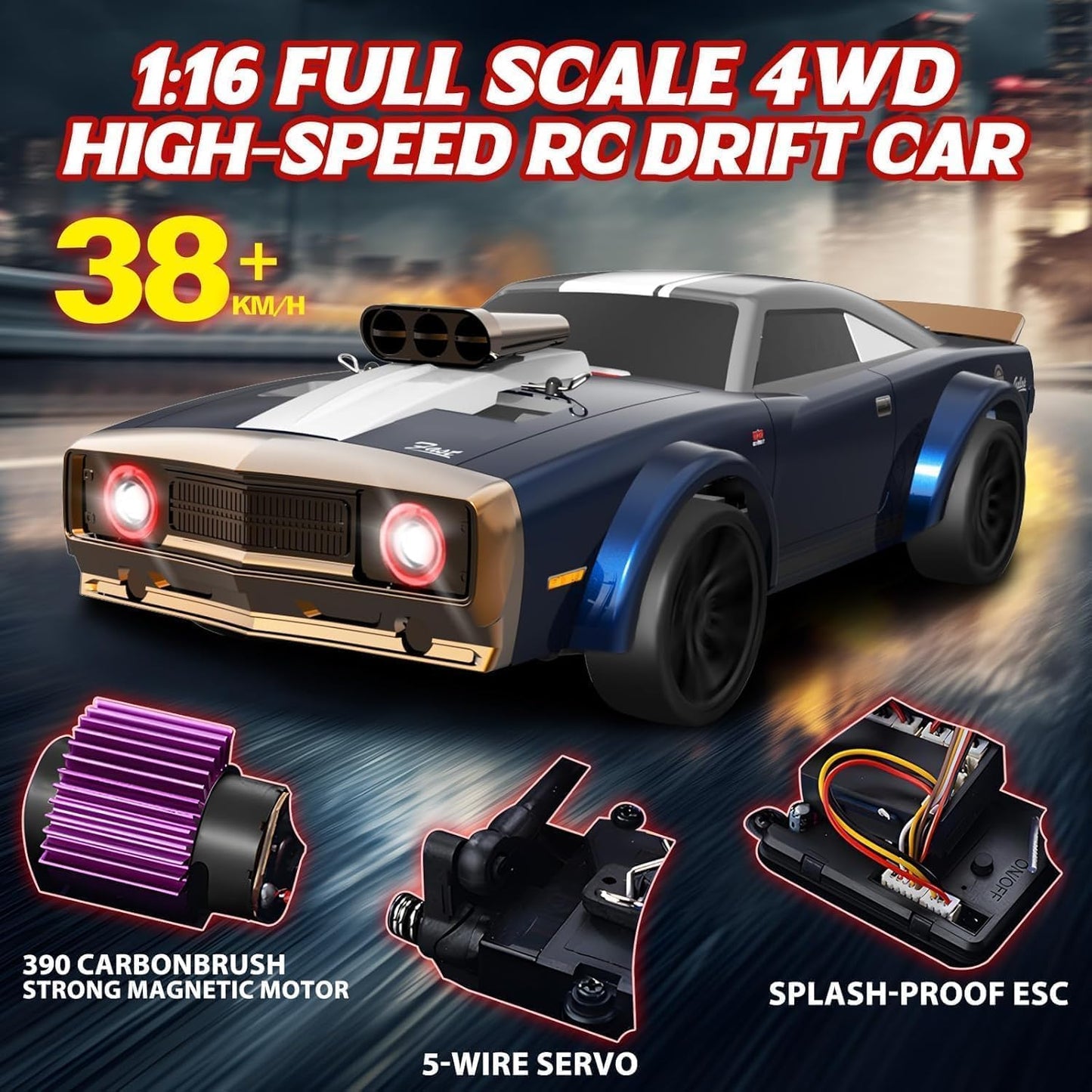 Rc Drift Cars for Adults, 1/16 Remote Control Car, 35Km/h High Speed Fast RC Car for Adults, 2.4GHz with 7 Modes LED Lights Racing RC Drifting Car, Multicolor