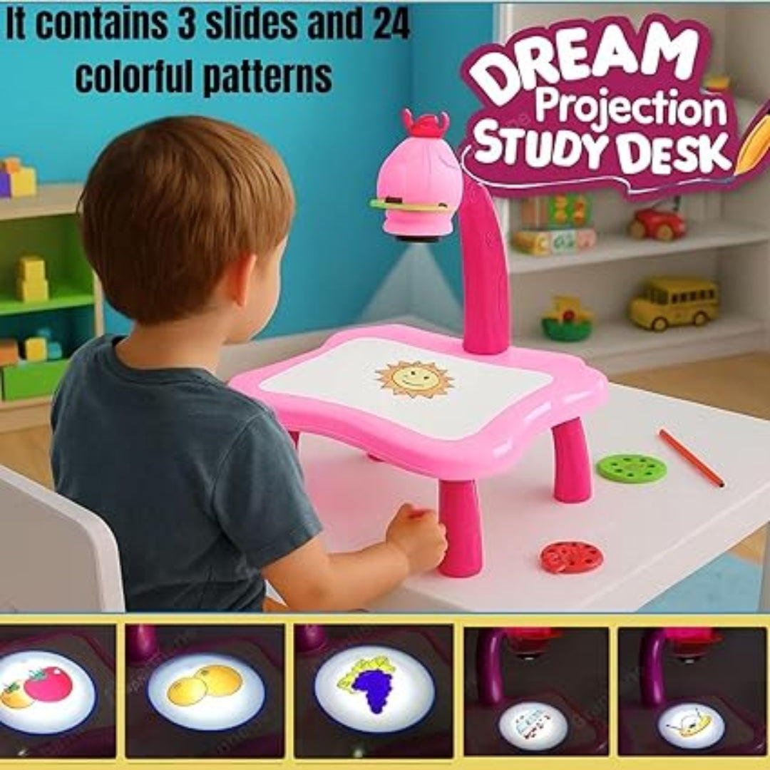 Child using a pink projection study desk with colorful patterns and slides.