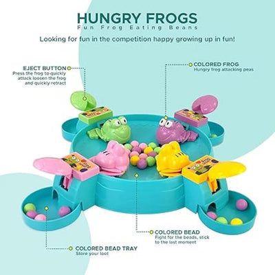 Colorful 'Hungry Frogs' game with frogs and colored beads on a blue board.