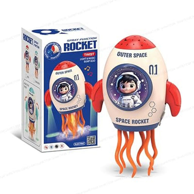 Space-themed toy rocket with astronaut design, including packaging, on a white background