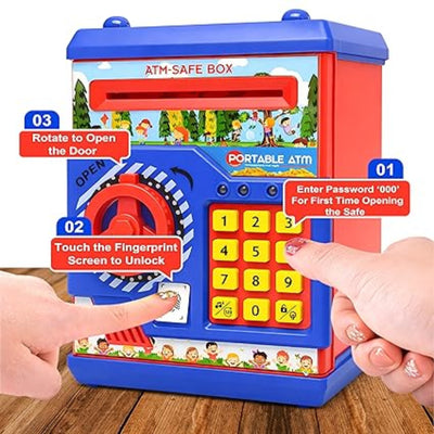 Children's toy ATM safe box with digital keypad and fingerprint sensor on a wooden surface.