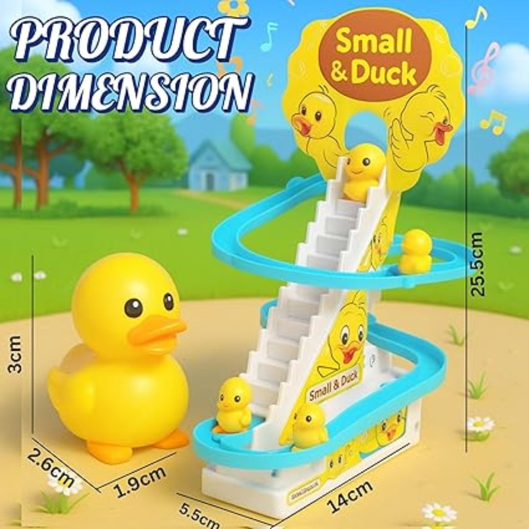 Small & Duck toy set with measurements and a cartoon background