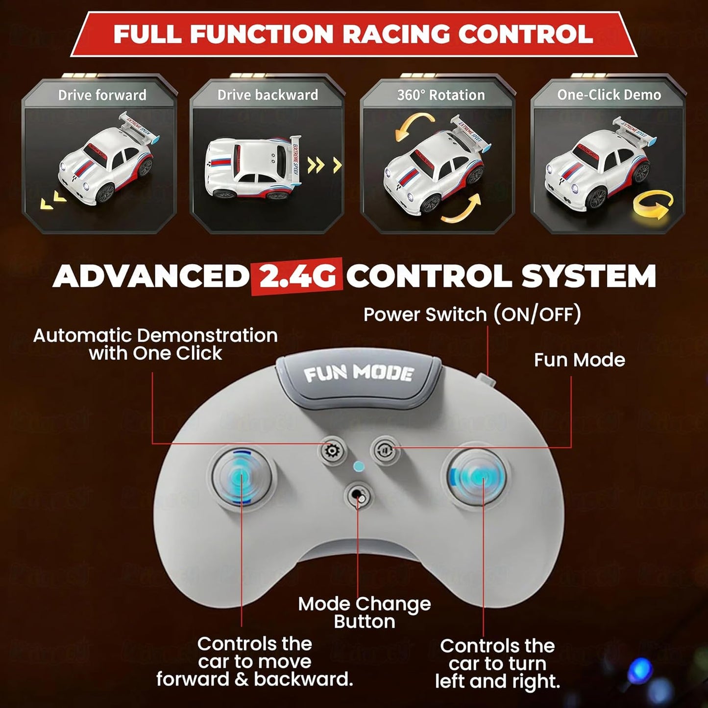 Skool Box Drifting RC Car for Kids | 2.4GHz Remote Control Racing Car with LED Lights Sound Effects | 360° Spins Follow and Escape Modes Sensor Control Auto Demo Toy Vehicle for Boys & Girls