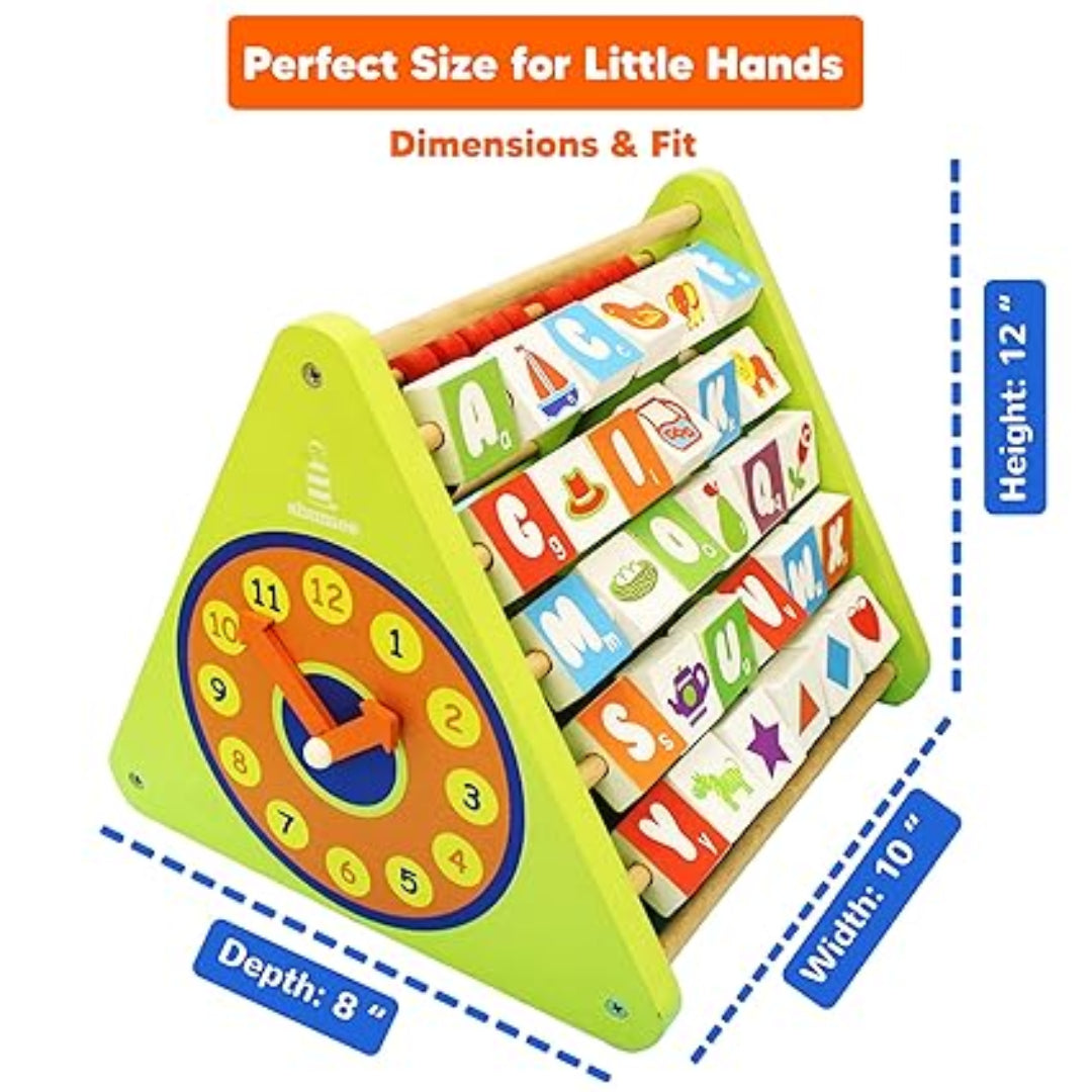 Colorful educational toy with letters and numbers, labeled 'Perfect Size for Little Hands'.