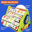 Children's educational toy with colorful illustrations and wooden elements on a blue background.