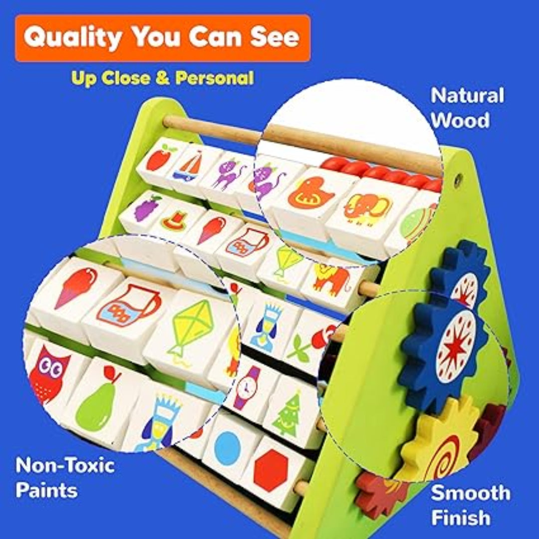 Children's educational toy with colorful illustrations and wooden elements on a blue background.