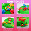 Instructions for using a colorful toy game with beads and frogs on a pink background.