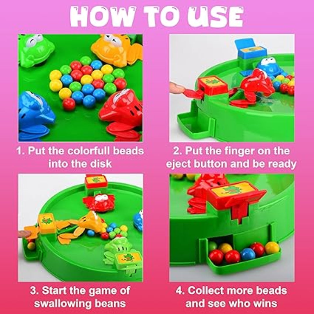 Instructions for using a colorful toy game with beads and frogs on a pink background.