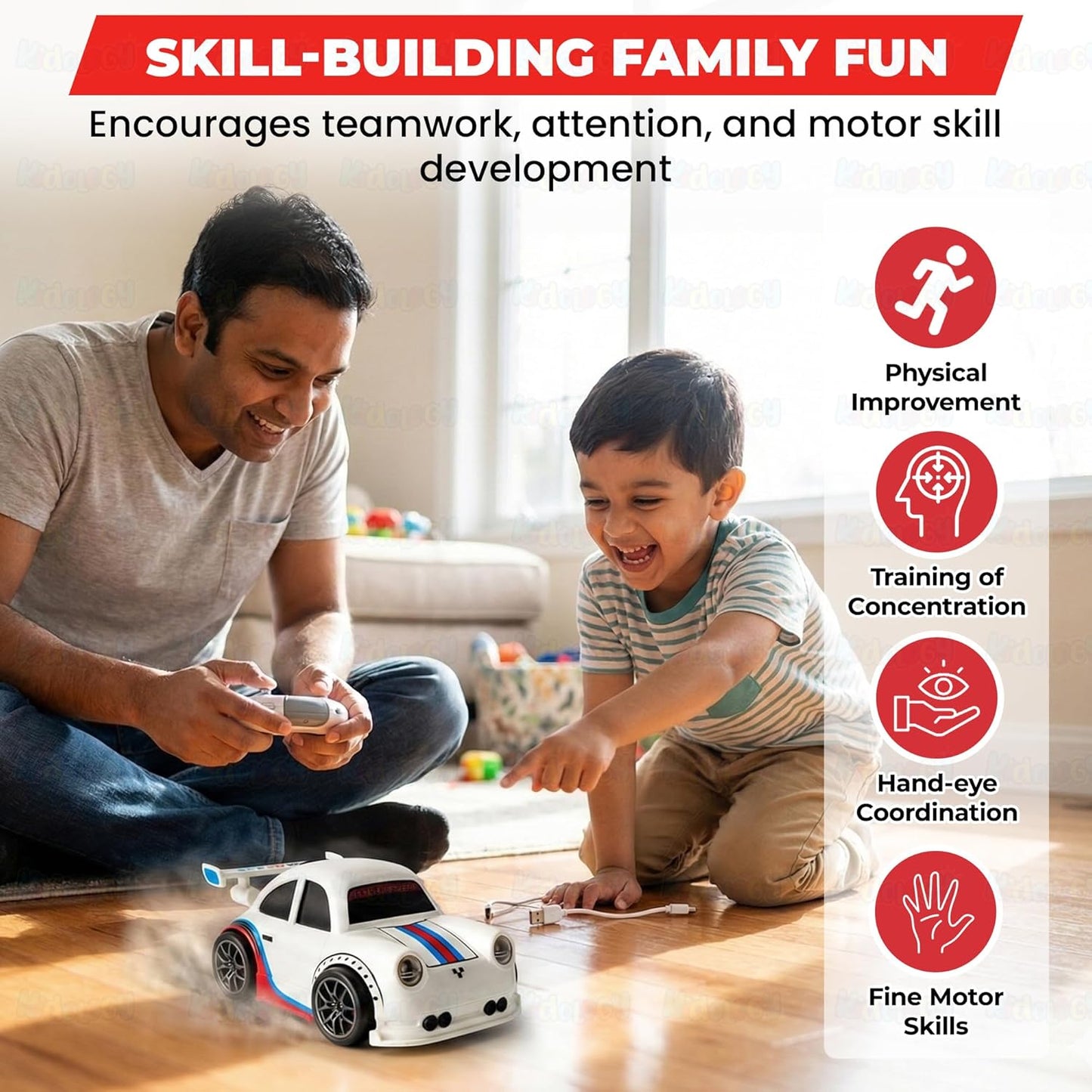 Skool Box Drifting RC Car for Kids | 2.4GHz Remote Control Racing Car with LED Lights Sound Effects | 360° Spins Follow and Escape Modes Sensor Control Auto Demo Toy Vehicle for Boys & Girls