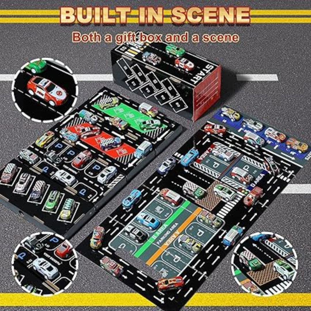 Toy car set with road mats and gift box on a road surface, featuring 'Builtin Scene' text.