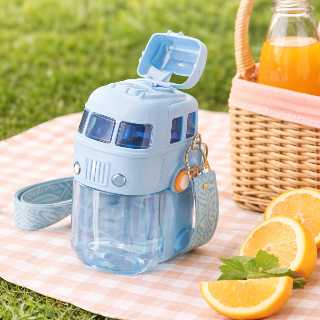 Bus Water Bottle For Kids With Strap, Sipper, & Straw | Leakproof, Bpa Free With Lock, 500 Ml | Tritan Water Bottle For School Kids| (BLUE-COLOR)