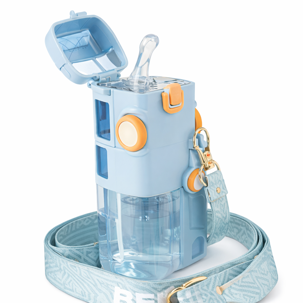 Bus Water Bottle For Kids With Strap, Sipper, & Straw | Leakproof, Bpa Free With Lock, 500 Ml | Tritan Water Bottle For School Kids| (BLUE-COLOR)