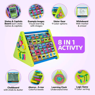 8-in-1 Activity Triangle Toy | State vs Capital, Abacus, Draw & Writing Board, Clock & Spin Gears – Best Activity Toy for Preschoolers