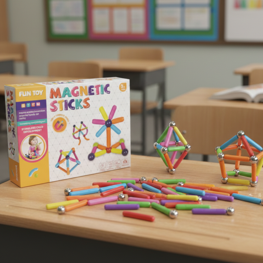 Colorful magnetic sticks and packaging on a classroom desk with educational posters in the background