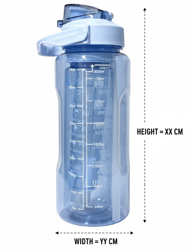 Blue water bottle with measurement markings and dimensions on a white background