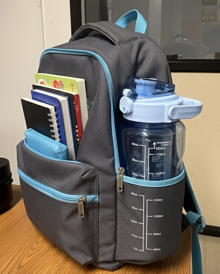 Gray backpack with blue accents on a wooden surface, containing books and a water bottle.